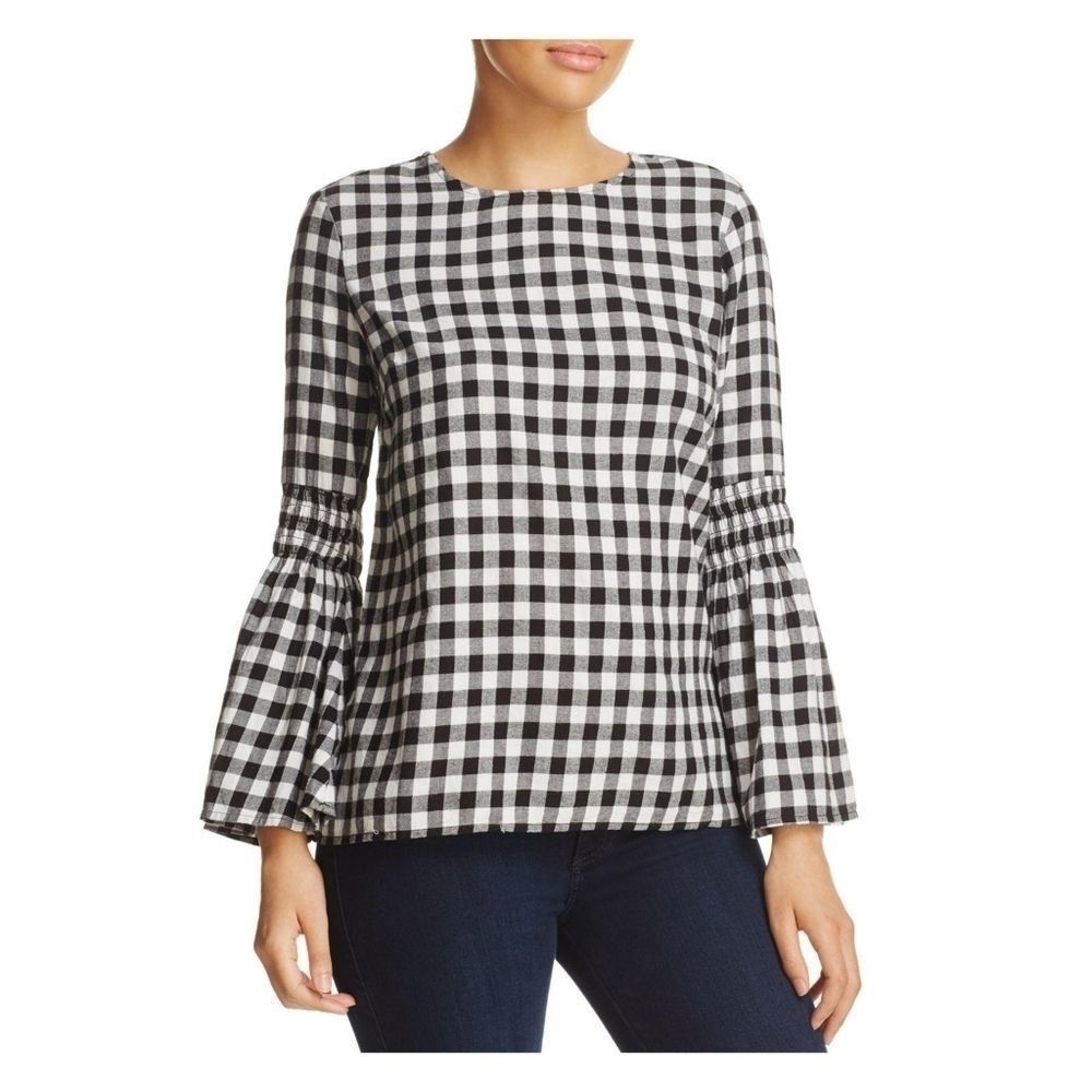 BeachLunchLounge Lainy 100% Cotton Checkered Bell Sleeve Blouse Top Black sz M